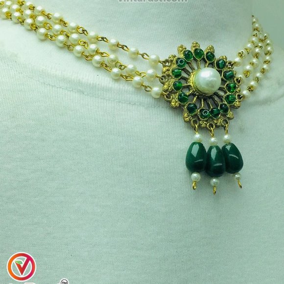 Green Stone and White Pearls Jewelry Set, Tribal Stones and Pearls Jewelry, - Picture 3 of 9